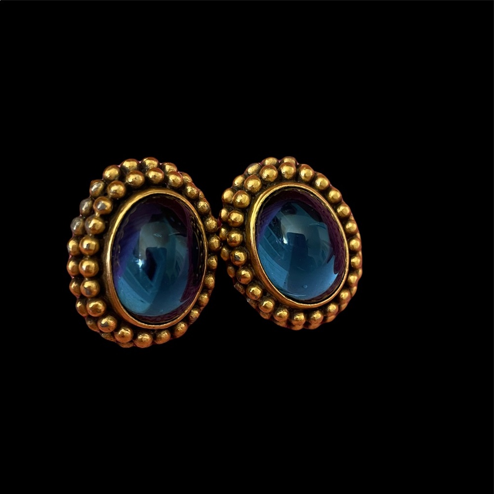 Vintage YSL Earrings Blue Antiqued Goldtone Clip On